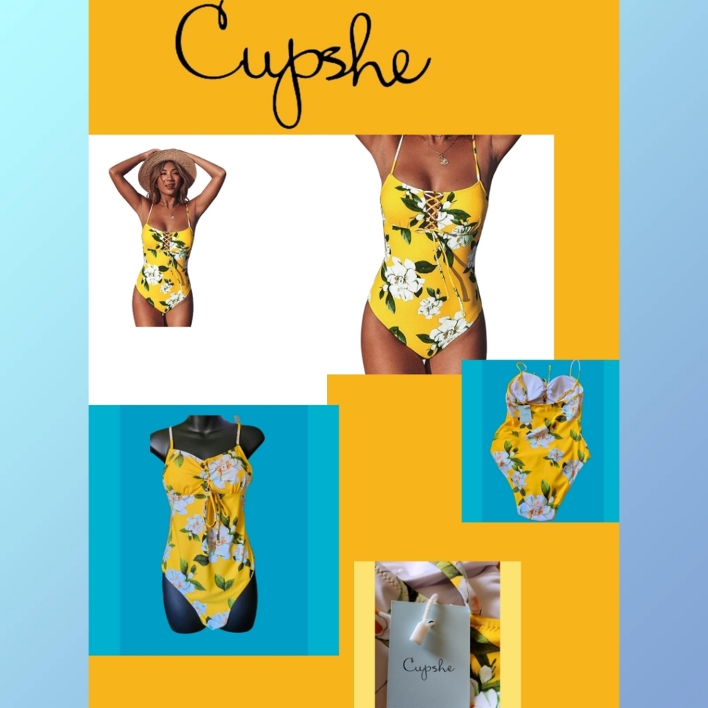 CUPSHE ONE PIECE LACE-UP YELLOW FLORAL SWIMSUIT SIZE L BRAND NEW WITH TAGS